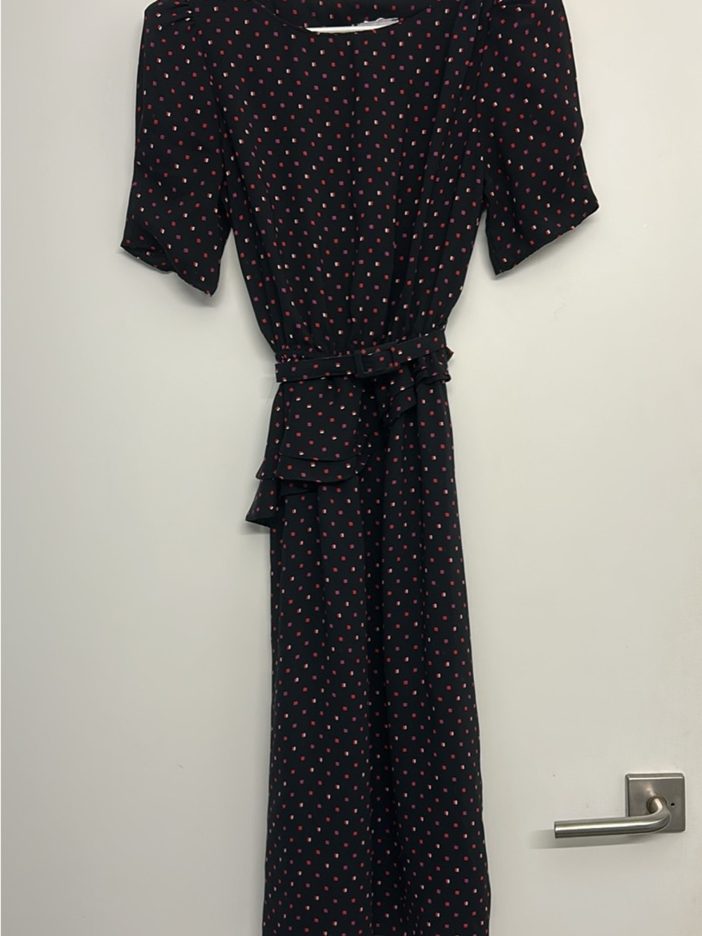 Vintage Black Polka Dot Belted Midi Dress - Pink Dot Print